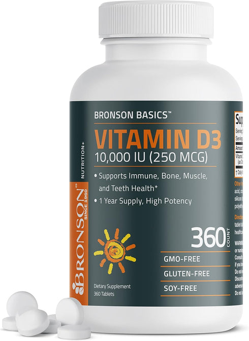 Bronson Vitamin D3 10,000 IU (250 MCG), 360 Tablets - 1 Year Supply for Muscle Function & Immune Support