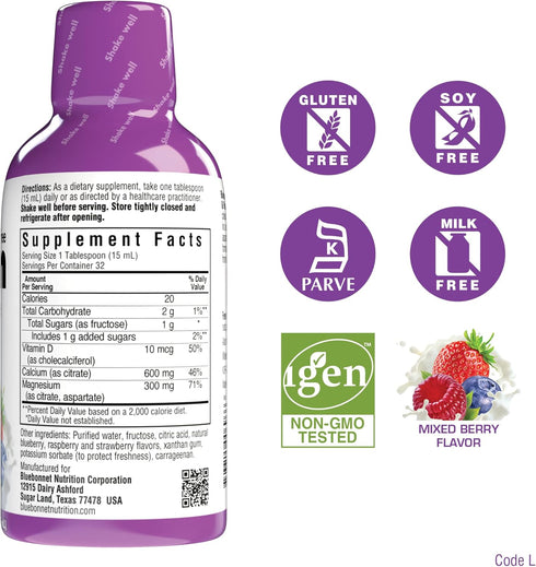 Bluebonnet Nutrition Liquid Calcium Citrate, Magnesium, Vitamin D3, Bone Health, Gluten Free, Soy Free, Milk Free, Kosher, 16 fl oz, 32 Servings, Mixed Berry Flavor