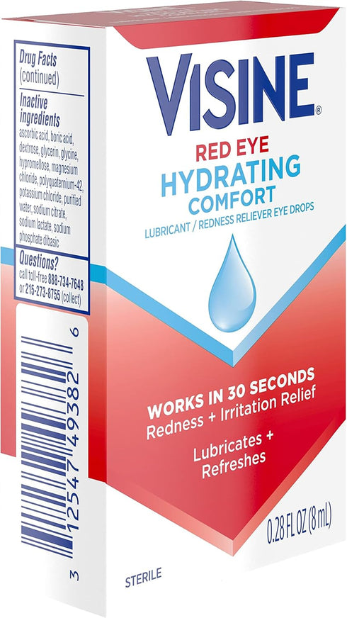 Tetrahydrozoline 0.28 oz Visine Red Eye Hydrating Comfort Redness Relief and Lubricant Drops to Help Moisturize