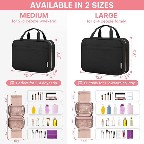 Travel Toiletry Bag for Women, Portable Makeup Cosmetic Bag with Hanging Hook, Travel Essentials 3 in 1 Packing Organizer Travel Bag for Accessories, Shampoo, Full-size Container, Toiletries