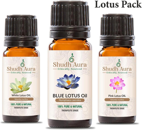 Shudh Aura Pack, Set 3 100% 5 ML Lotus Essential Oil Combo of Bottles, Pink Lotus, Blue Lotus, White Lotus, Pure