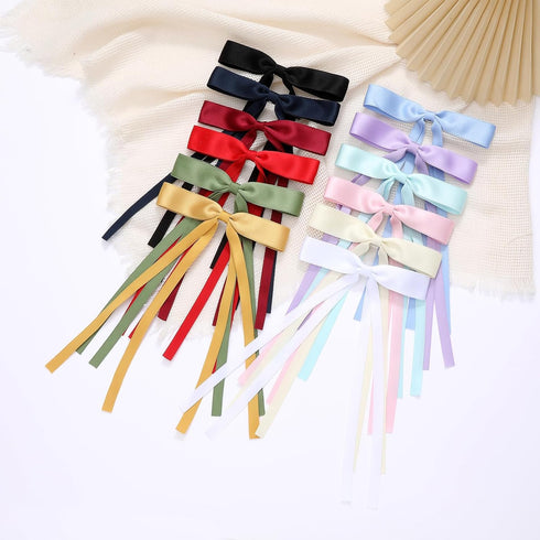 12 PCS Hair Bows for Women, Hair Ribbon with Long Tail Bowknot Clips for Women Girls, Bow Accessories