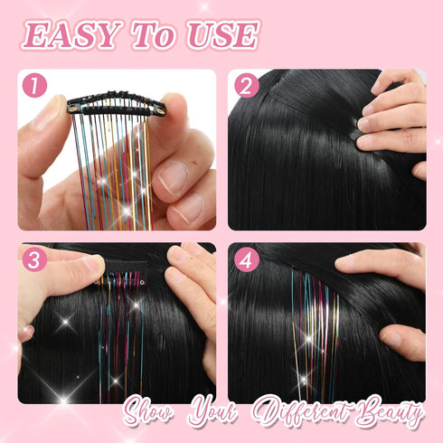 POROLIR Clip in Hair Tinsel Kit, 6Pcs 20 Inch Glitter Fairy Hair Extensions, Heat Resistant Sparkly Strands (Gold Pink)