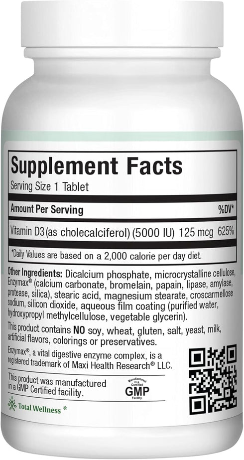 Maxi Health Vitamin D3 5000 IU (125 mcg) - High Dose for Healthy Bones, Teeth, Immune Support