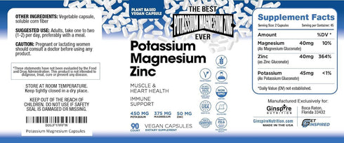 Magnesium Potassium Zinc Supplements - 90 Capsules for Vascular Health – High Absorption Vegan Supplement