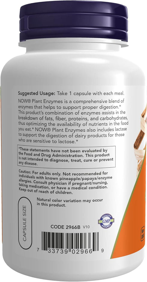 NOW Supplements Plant Enzymes, 120 Veg Capsules, with Lactase, Protease, Papain, and Bromelain