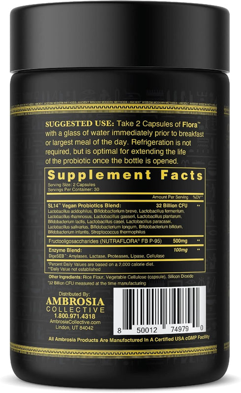 Ambrosia Flora Digestive Enzymes with Probiotics and Prebiotics, Plant-Based Gut Health Supplement, 32 Billion CFU,