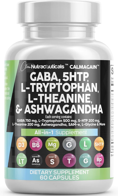 Clean Nutraceuticals GABA 750mg - Mood Support Vitamins with 5 HTP, L Tryptophan, Ashwagandha & More