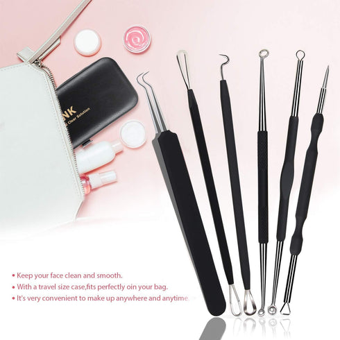 JPNK Blackhead Remover Tool Kit, 6 Pcs Comedones Extractor for Acne Removal with Leather Bag, Black