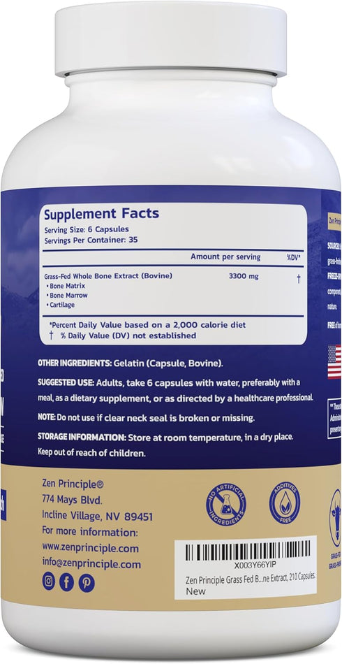 Zen Principle Grass Fed Beef Bone Marrow Supplement - 3300mg, 210 Capsules for Skin, Oral Health, and Joint Support