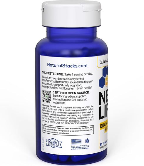 NEUROLIFE Brain Supplement for Cognitive Vitality - Longevity Support with Taurine 500mg - Berberine for Cognition