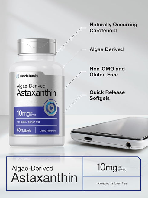 Horbaeach Astaxanthin 10mg, 60 Softgels, Algae Derived Non-GMO, Gluten Free Supplement
