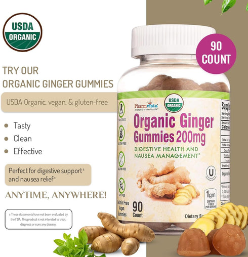 USDA Organic Ginger Gummies 200mg 90 Count for Digestive Health and Nausea Management