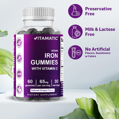 Vitamatic Iron 65 mg Gummies - 60 Vegan Gummies with Vitamin C, Great Tasting Iron Supplement for Women & Men