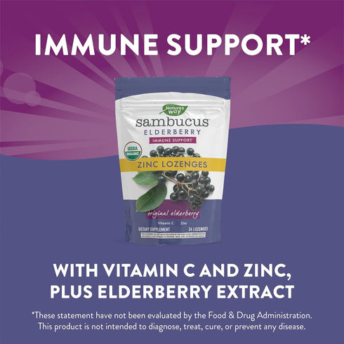 Nature’s Way Sambucus Organic Zinc Lozenges, Elderberry and Zinc with Vitamin C, 24 Lozenges