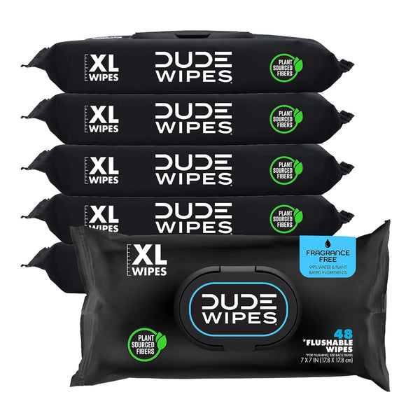 DUDE Wipes - Flushable Wipes - 6 Pack, 288 Unscented Extra-Large Adult Wet Wipes with Vitamin-E & Aloe