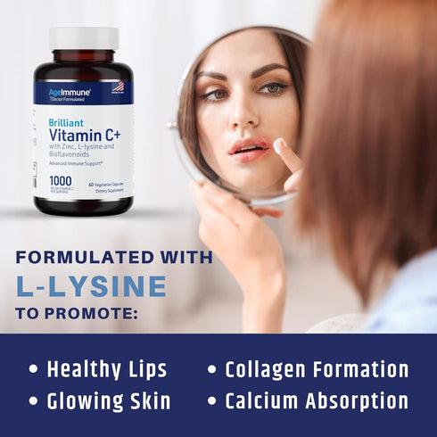 Vitamin C 1000mg Complex with L-Lysine 500mg, Zinc 12mg, Bioflavonoids 300mg for Healthy Immune System Support
