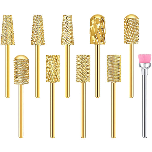 Honoson 10 Pcs Nail Drill Bits Set, 3/32 Inch Tungsten Carbide Bits for Nail Tech, Manicure Pedicure Tools (Gold)