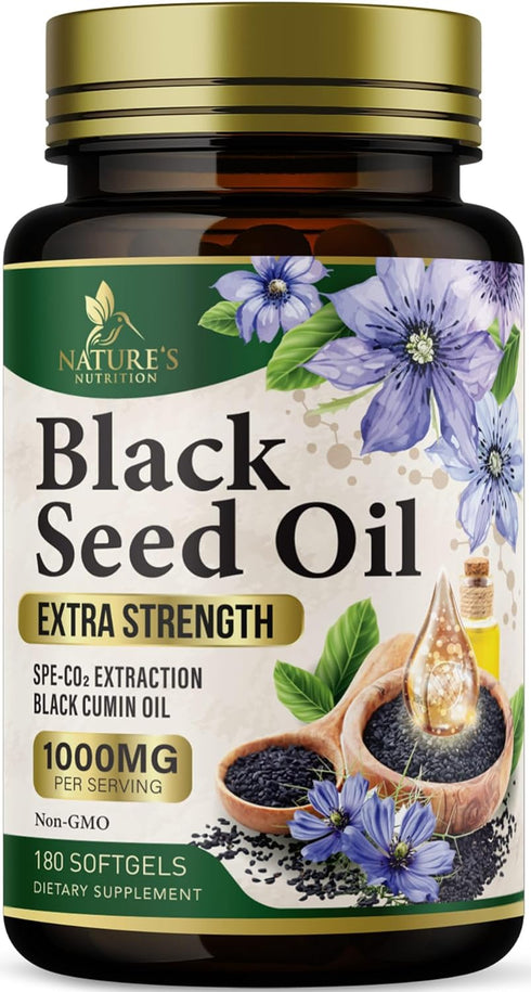Black Seed Oil Softgels 1000mg, Premium Nigella Sativa Blackseed for Skin & Immune Support, Non-GMO, 180 Softgels