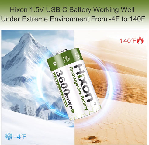 Hixon 1.5V 3600mWh 2 1500 2-in-1 2-Pack USB Rechargeable Lithium Batteries C Size, Rechargeable C Battery, Charges