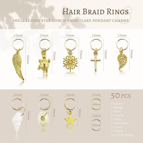 JIALEEY Hair Braid Rings, 50PCS Hair Loops Clips Gold Ring Shell Leaves Star Conch Snowflake Pendant Charms Set Hair