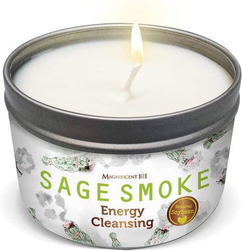 MAGNIFICENT 101 White Sage Smudge Candle, 6 Oz Soy Wax, 35-Hr Burn Time for Cleansing & Chakra Healing