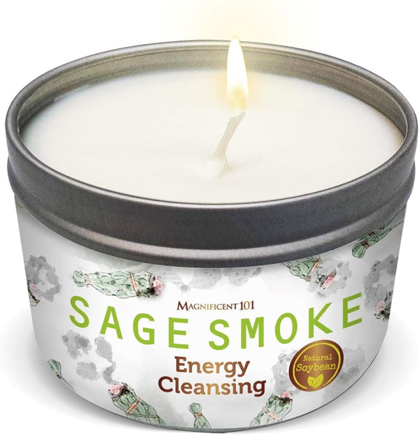 MAGNIFICENT 101 White Sage Smudge Candle, 6 Oz Soy Wax, 35-Hr Burn Time for Cleansing & Chakra Healing