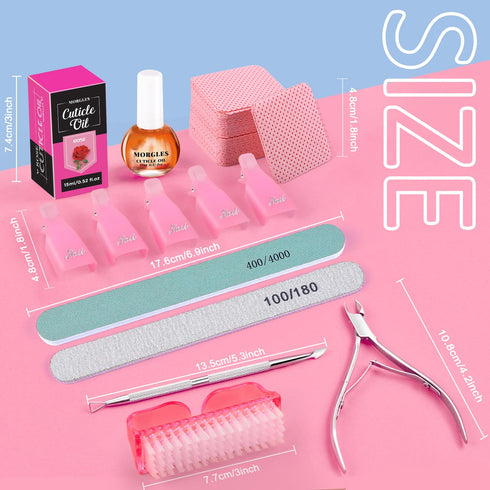 MORGLES 300pcs Lint Free Nail Wipes with Nail Polish Remover Kit, Pink Nail Clips, 2PCS Nail Files and Buffers