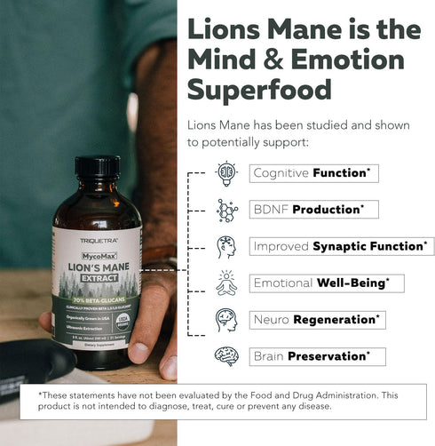 MycoMax Lions Mane Extract - 500 mg, 70% Beta Glucans, Max Potency Organic Supplement for Mental Clarity, Focus & Memory