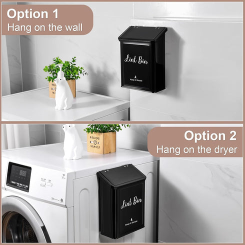 Magnetic Black Lint Bin for Laundry - Wall-Mounted Trash Can with Lid