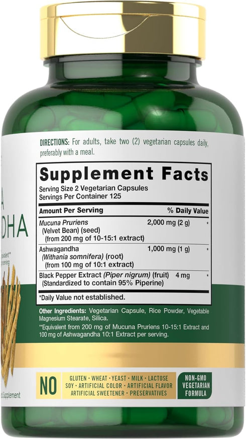 Carlyle Mucuna with Ashwagandha | 3000mg | 250 Capsules | Mucuna Pruriens Supplement | Vegetarian, Non-GMO, Gluten Free