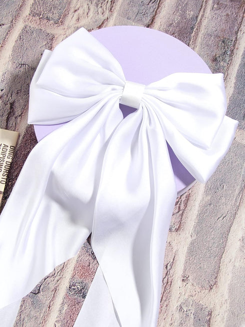 White Hair Bow for Women - 2pcs Large Satin Hair Bows for Hair Clips with Long Tail