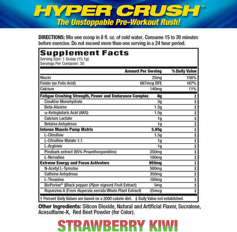 Maximum Human Performance Hyper Crush Pre Workout Powder | Increases Energy, Muscle Pumps, Strawberry Kiwi (30 Servings)