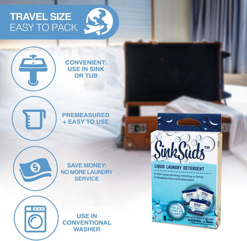 SinkSuds Laundry Detergent, Travel Size Liquid Soap, 8 Packets, TSA Compliant for All Fabrics