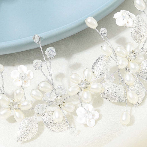 Yean Pearl Wedding Headband, Silver Flower Bridal Hair Accessories, Leaf Hair Piece for Women and Girls