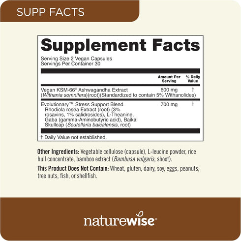 NatureWise Ashwagandha for Stress with KSM-66 Extract + GABA + L-Theanine + Rhodiola Rosea, 60 Capsules