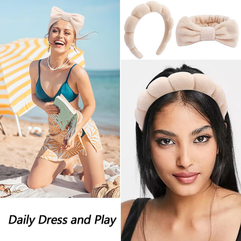 VELSCRUN 6 Pack Makeup Headband Set, Brown Sponge Hair Band Bow Tie Spa Headbands for Women