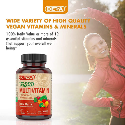 DEVA Vegan Multivitamin and Mineral Supplement - Once-Per-Day Formula with Greens, 90 Coated Tablets