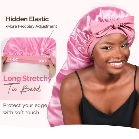 YANIBEST Silk Bonnet for Sleeping, Braid Bonnet for Long Hair with Tie Band, Satin Cap for Women Pink