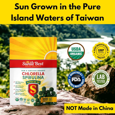 Sunlit Super 50/50 Organic Chlorella Spirulina Tablets, Super Greens Supplement for Immune Support, 1000 Superfood Tabs