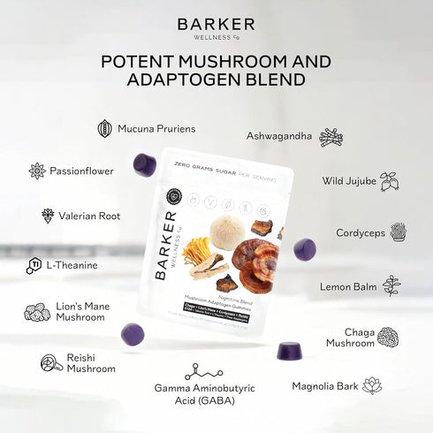 Gummies 60 Count Barker Wellness Nighttime Vegan Sugar-Free Adaptogen Mushroom Reishi, Lion's Mane, Chaga, Cordyceps