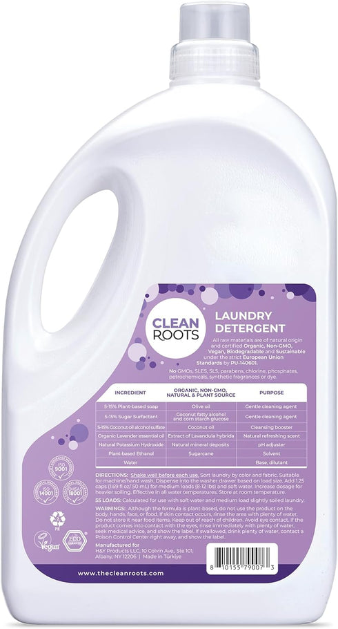 Lavender Laundry Detergent, EcoGarantie Certified 100% Organic & Natural, Dermatologically Tested & Approved, Scented with Organic Lavender Essential Oil - 55 Loads, 92.9 fl. oz (2.75 L)