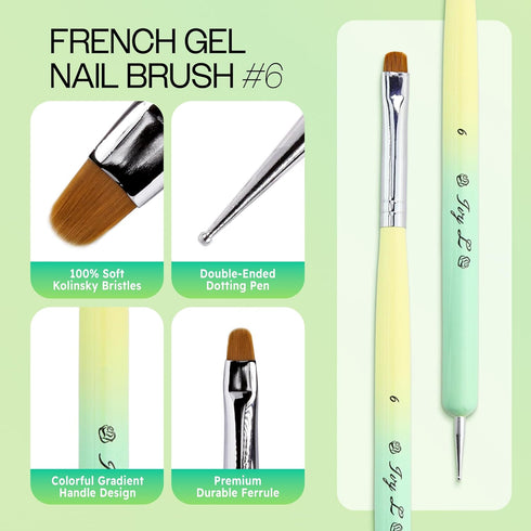 Ivy-L Premium French Gel Acrylic Nail Art Brush - Size 6 with Dotting Tool, Lime Green Wood Handle