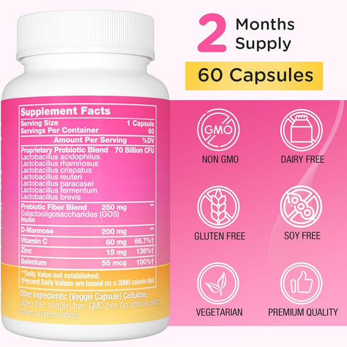 Vaginal Probiotics, 13-in-1 Womens Probiotic, PH Balance with 70 Billion CFU Women Probiotic & Prebiotic & D-Mannose, for Healthy Vaginal Odor & Flora, Yeast, Urinary Tract, Vegan, 2 Month Supply