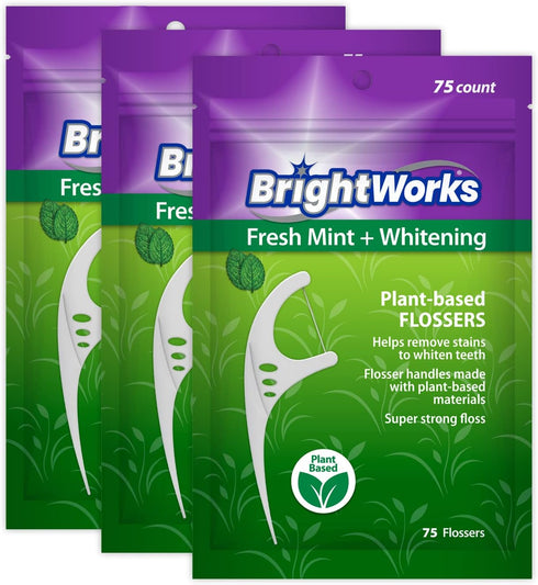 225 Piece BrightWorks Fresh Mint + Whitening Dental Flossers, 75 Count (Pack of 3) with Plant-Based Handles