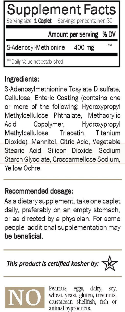 Nature's Trove SAM-e 400mg, 30 Enteric Coated Caplets, Vegan, Kosher, Non-GMO, Mood and Joint Support