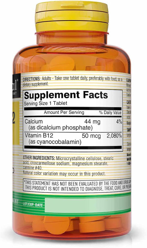 MASON NATURAL Vitamin B12 50 mcg with Calcium - Healthy Conversion of Food into Energy, Supports Nerve Function and Health, 100 Tablets (Pack of 3)