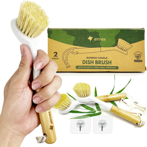 AIRNEX Bamboo Dish Brush Set of 2 - Dishwasher Brush w/Handle Made