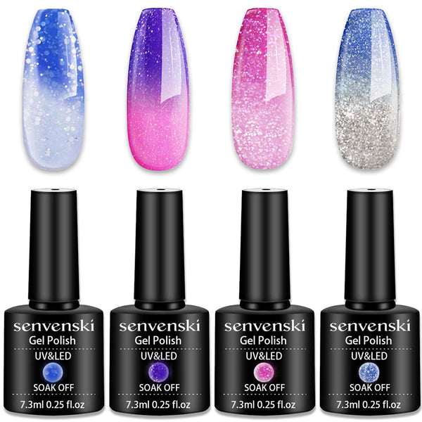 senvenski Color Changing Gel Nail Polish Kit, UV/LED Soak Off Nail Art Set with Glitter Colors
