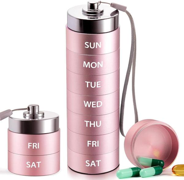 OUVBTX Metal Large Pill Organizer, Travel Weekly Pill Box, Portable Aluminum Alloy Waterproof
